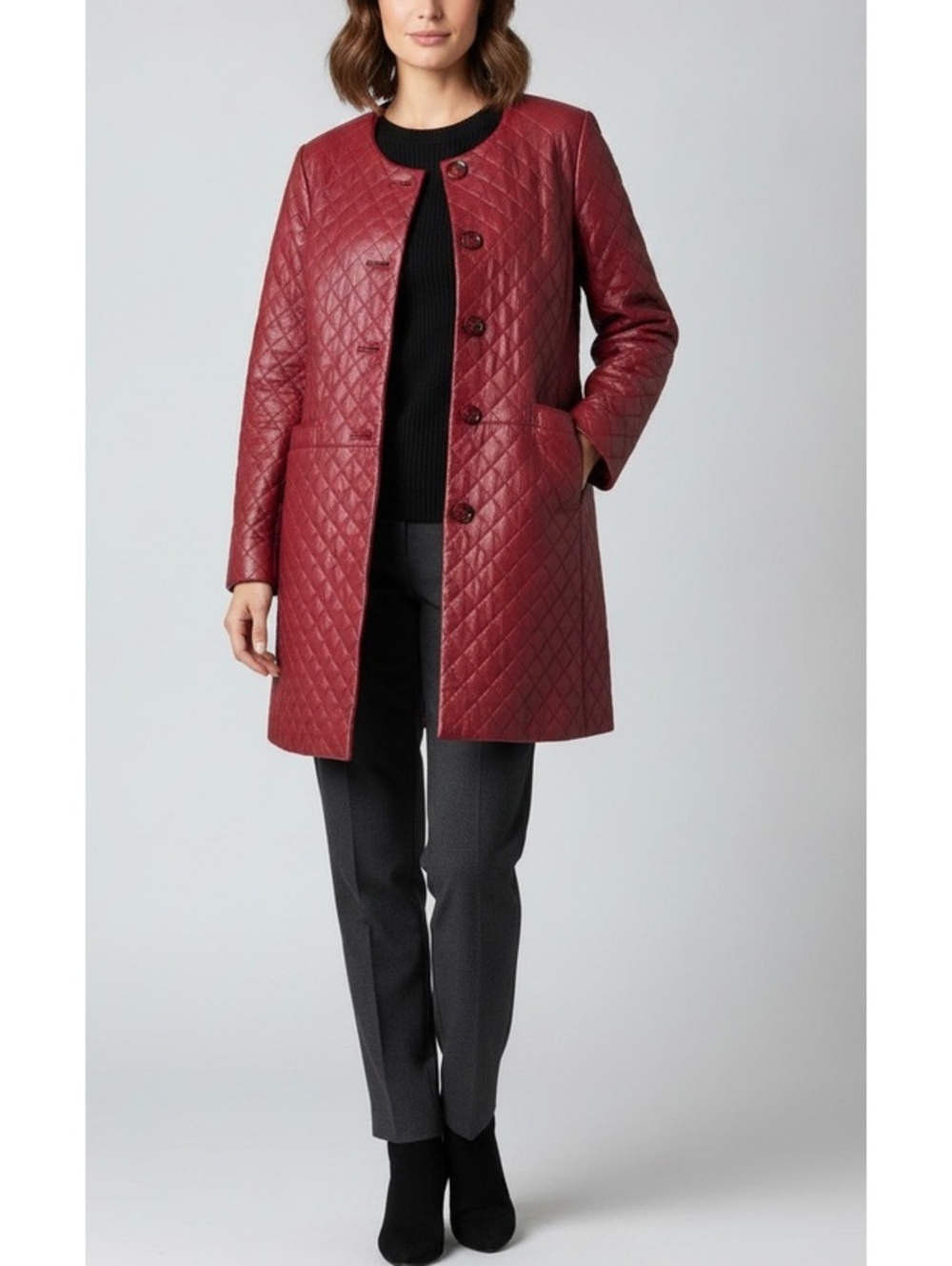 Jones New York Quilted Red Genuine Leather Coat Size Large